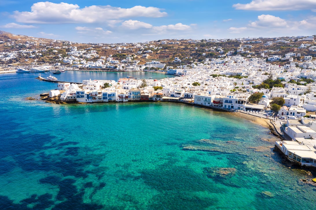 Aerial view to the town of Mykonos island, Cyclades, Greece